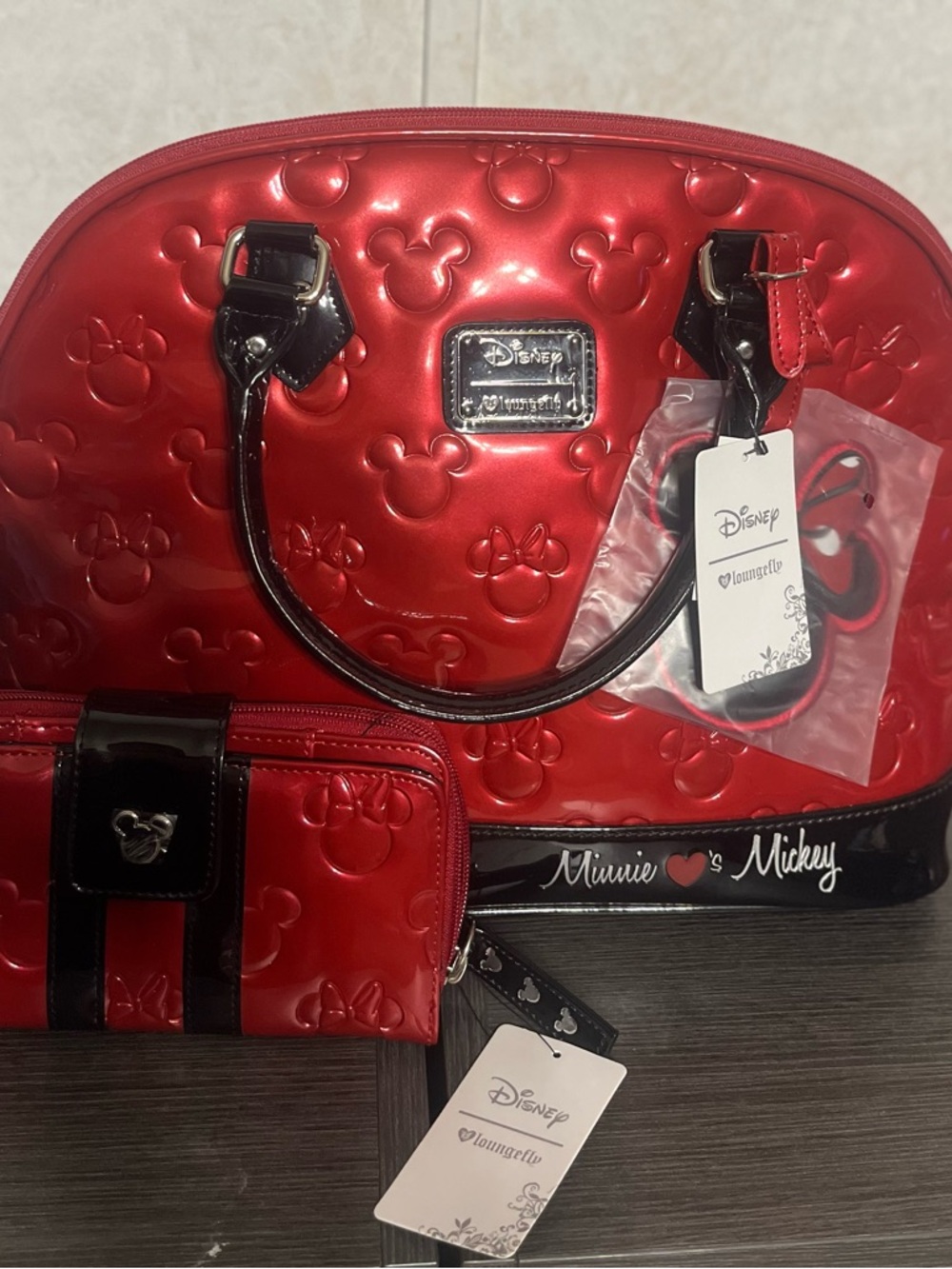 Loungefly Red Patent Minnie & Mickey Dome Satchel with Matching Wallet NWT